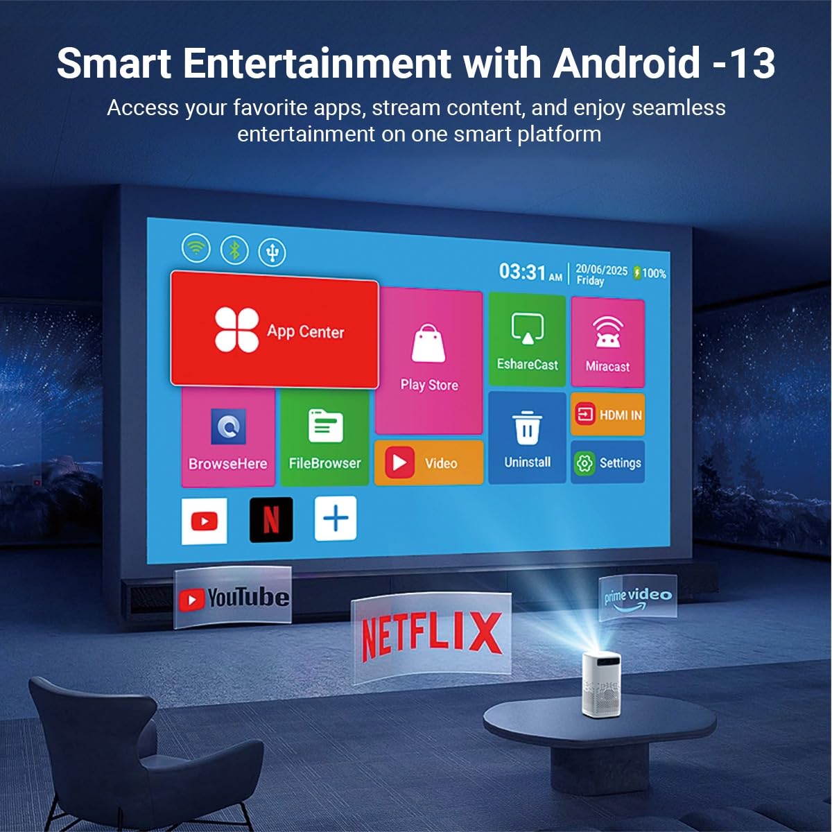 XElectron PocketBeam Android 13 Portable Smart Projector, 1080p Support, 6000 Lumens, 150 inch Screen, OTT Apps (Netflix, Prime, YouTube), Miracast, WiFi, BT, HDMI, Built-in Battery, 2hr Playtime feature 5
