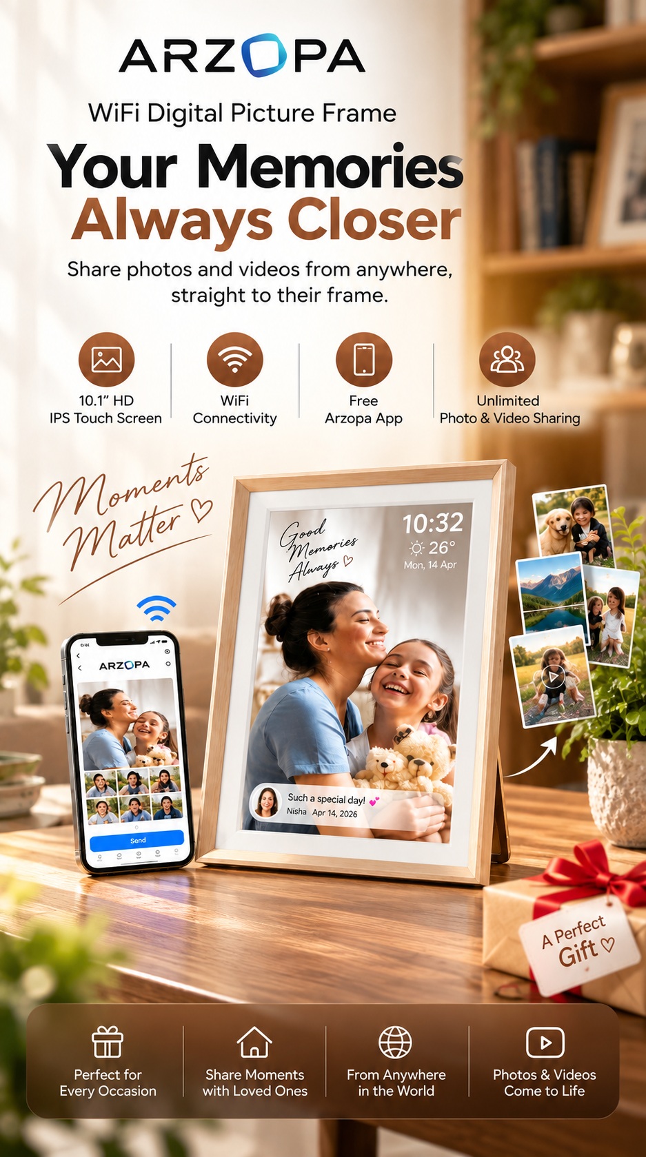 ARZOPA WiFi Digital Picture Frame 10.1″ HD IPS Touch Screen Smart Photo Frame