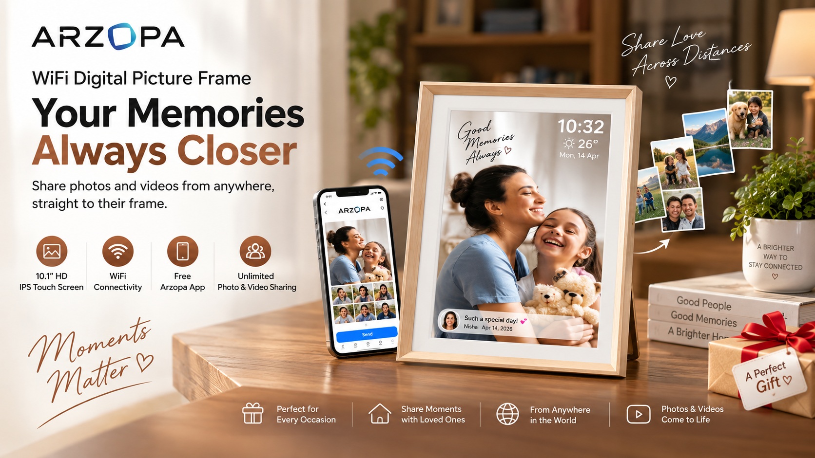 ARZOPA WiFi Digital Picture Frame 10.1″ HD IPS Touch Screen Smart Photo Frame