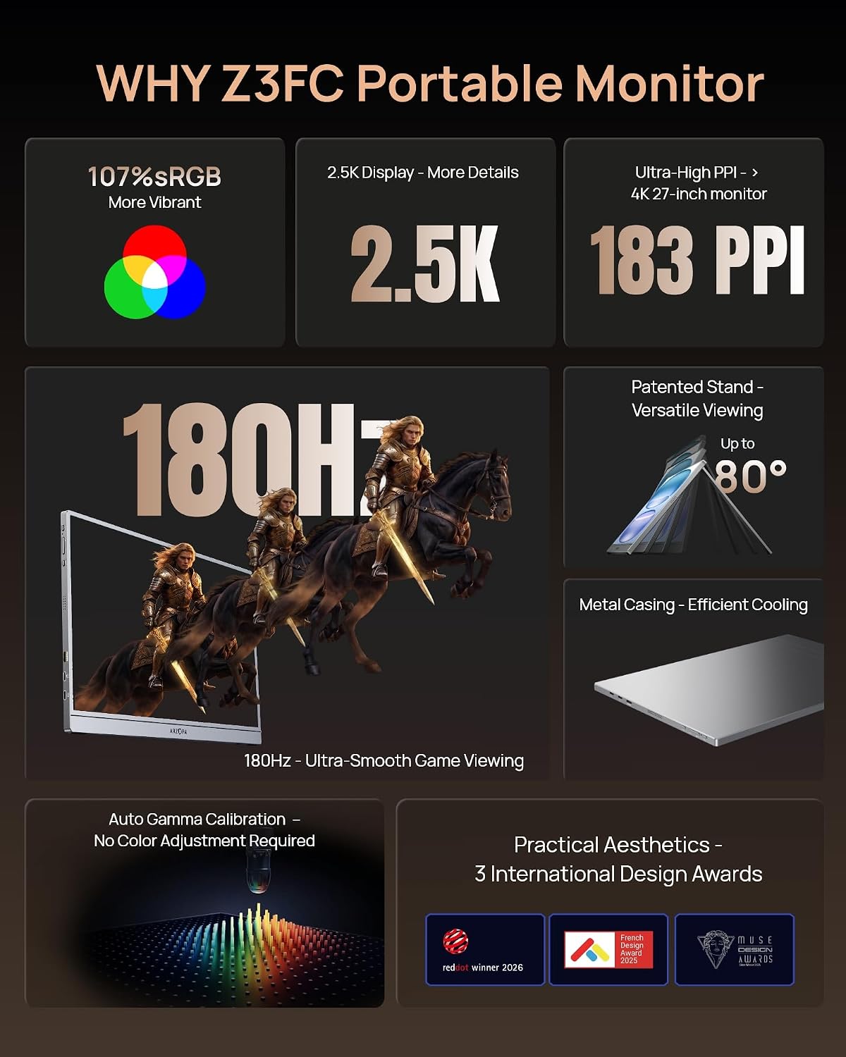 ARZOPA Z3FC 16.1" 180Hz 2.5K Portable Gaming Monitor with Stand, 106% sRGB, External Portable Monitor as Second Screen for Laptop, PC, PS5, Mac, Xbox feature 8