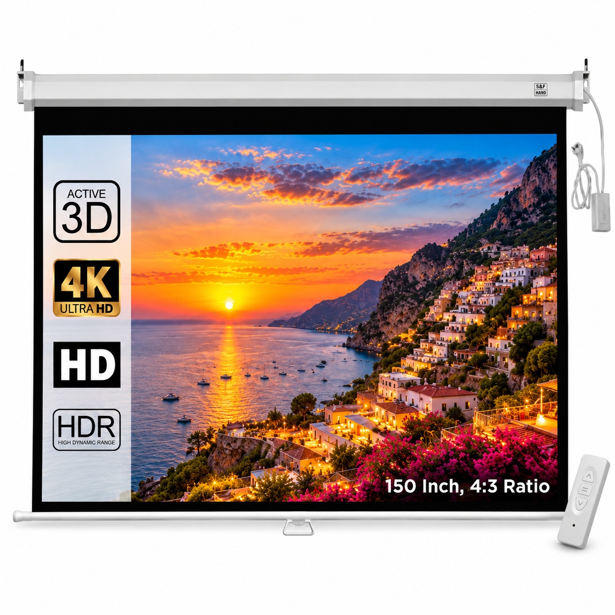 XElectron 150 Inches Motorized Projector Screen | Electric Projection Screen | Home Theatre Screen | with Remote Control (150 Inch, 4:3 Ratio)